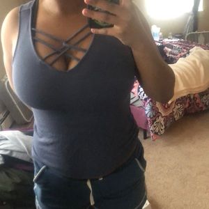 Blue shirt with cleavage out